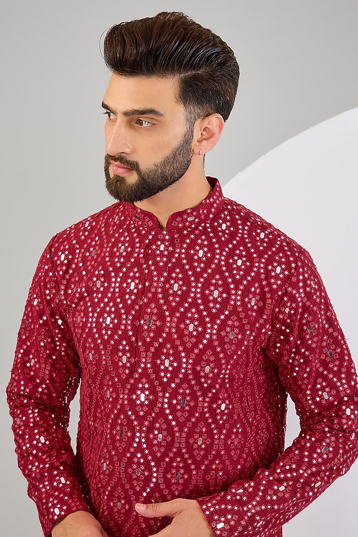 Red Silk Mirror Work Kurta by Kasbah Clothing at Pernia's Pop Up Shop