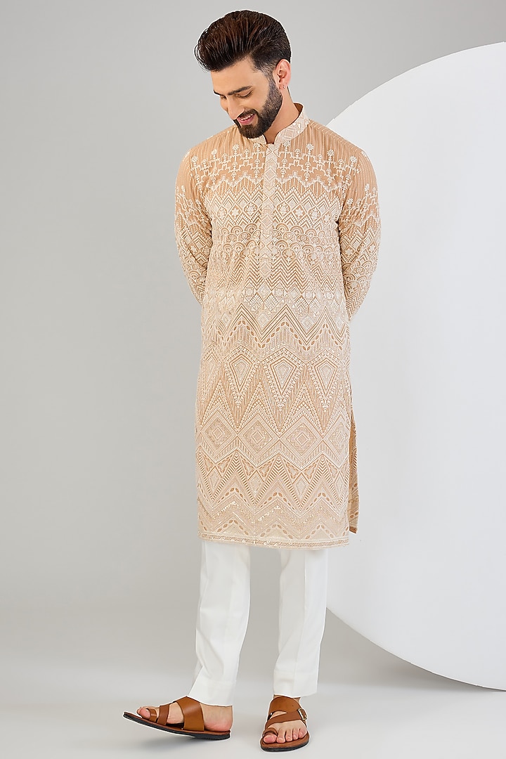 Beige Georgette Embroidered Chikankari Kurta by Kasbah Clothing