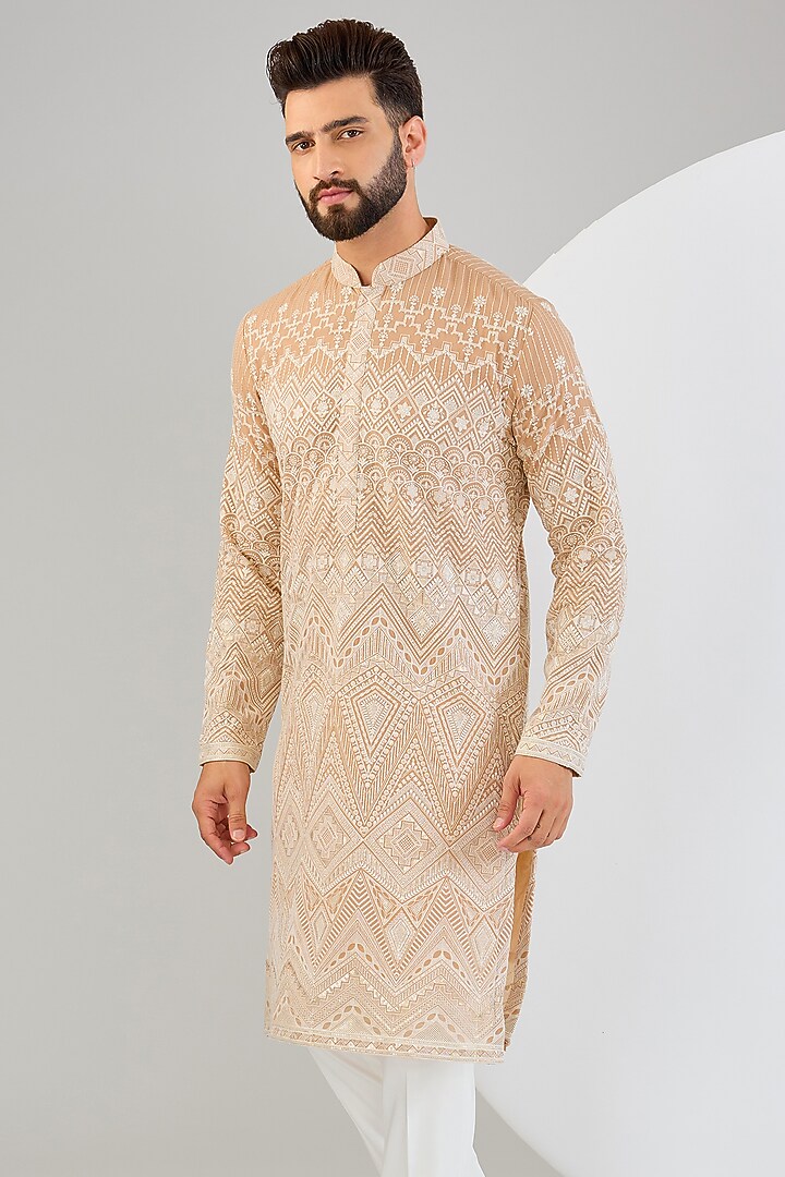 Beige Georgette Embroidered Chikankari Kurta by Kasbah Clothing at Pernia's Pop Up Shop