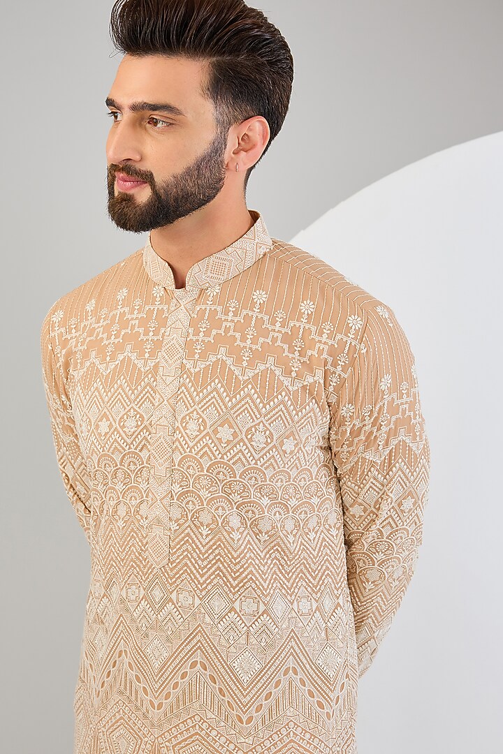 Beige Georgette Embroidered Chikankari Kurta by Kasbah Clothing at Pernia's Pop Up Shop