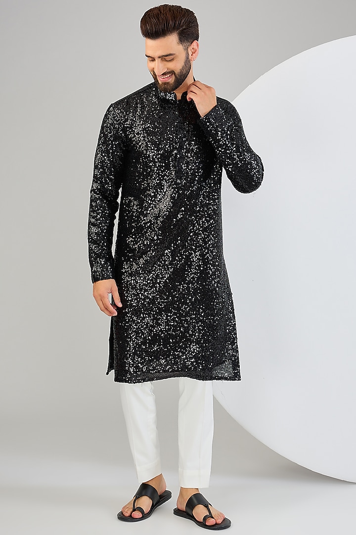 Black Georgette Sequin Embellished Kurta by Kasbah Clothing