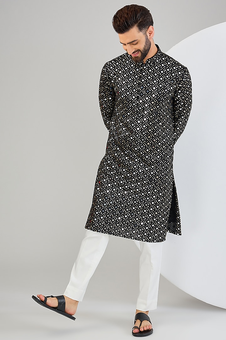 Black Silk Mirror Work Kurta by Kasbah Clothing