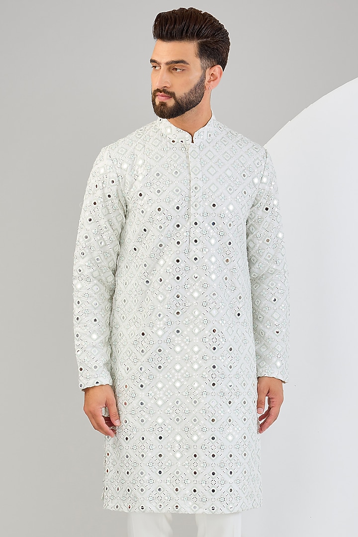 Ivory Silk Thread & Mirror Work Kurta by Kasbah Clothing at Pernia's Pop Up Shop
