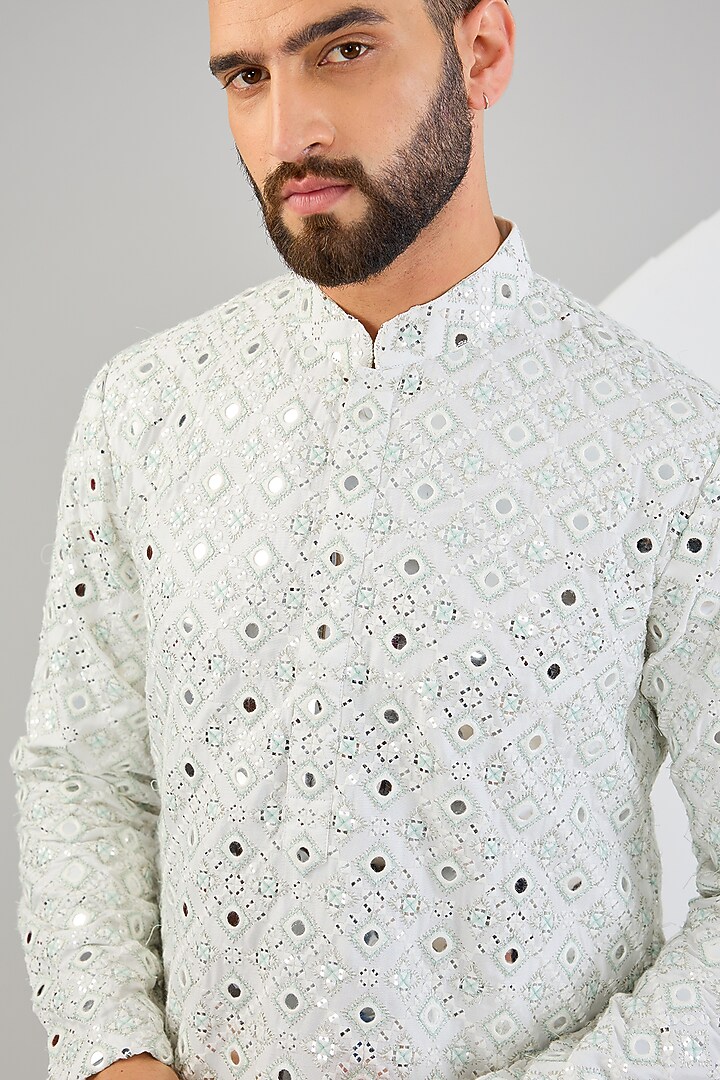 Ivory Silk Thread & Mirror Work Kurta by Kasbah Clothing at Pernia's Pop Up Shop