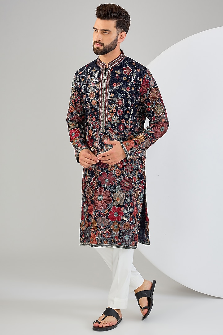 Navy Blue Georgette Thread & Floral Embroidered Chikankari Kurta by Kasbah Clothing at Pernia's Pop Up Shop