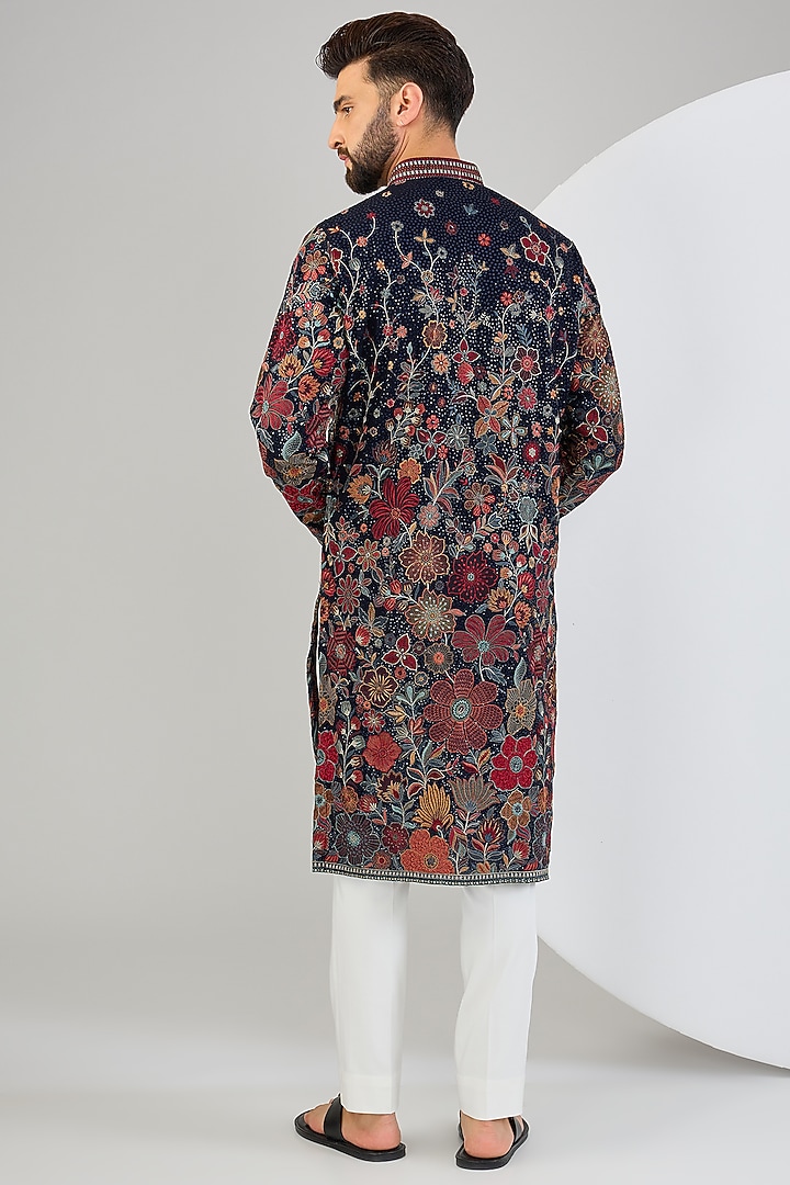 Navy Blue Georgette Thread & Floral Embroidered Chikankari Kurta by Kasbah Clothing at Pernia's Pop Up Shop