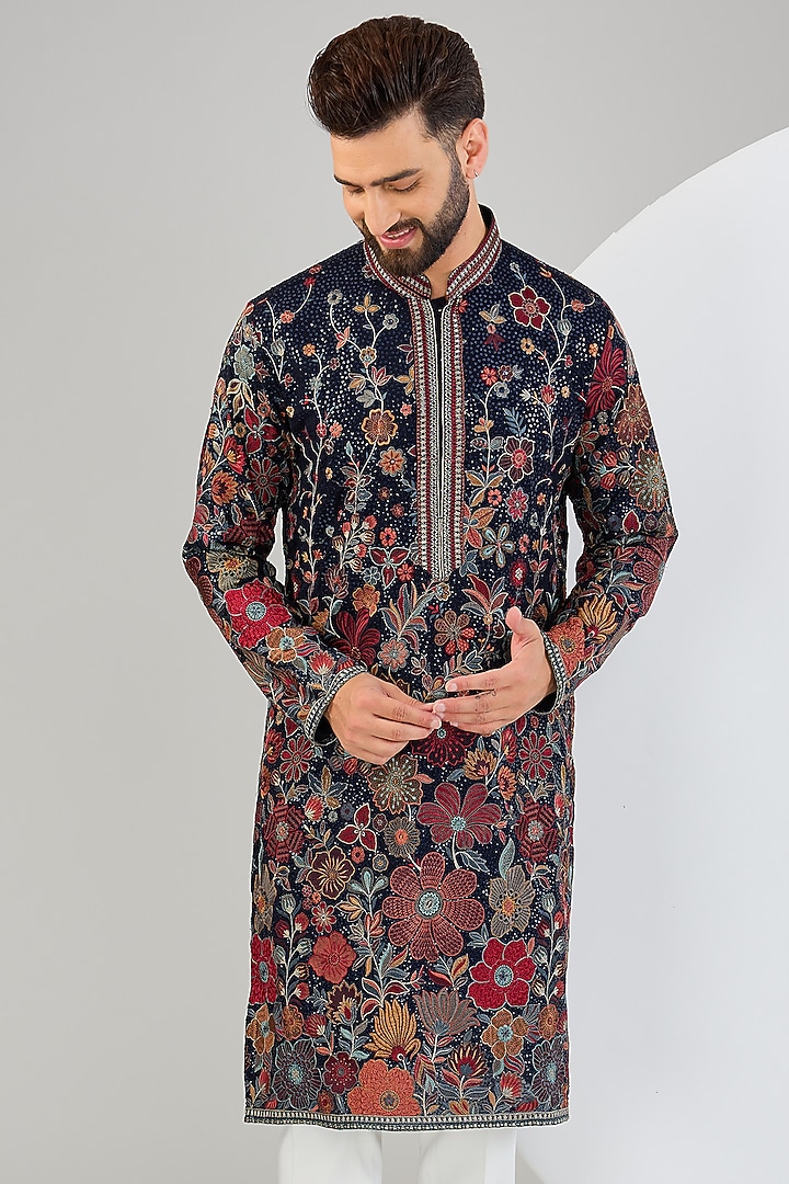 Navy Blue Georgette Thread & Floral Embroidered Chikankari Kurta by Kasbah Clothing at Pernia's Pop Up Shop