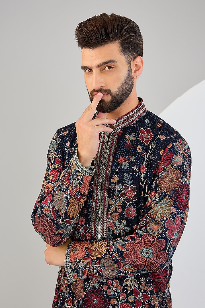 Navy Blue Georgette Thread & Floral Embroidered Chikankari Kurta by Kasbah Clothing at Pernia's Pop Up Shop