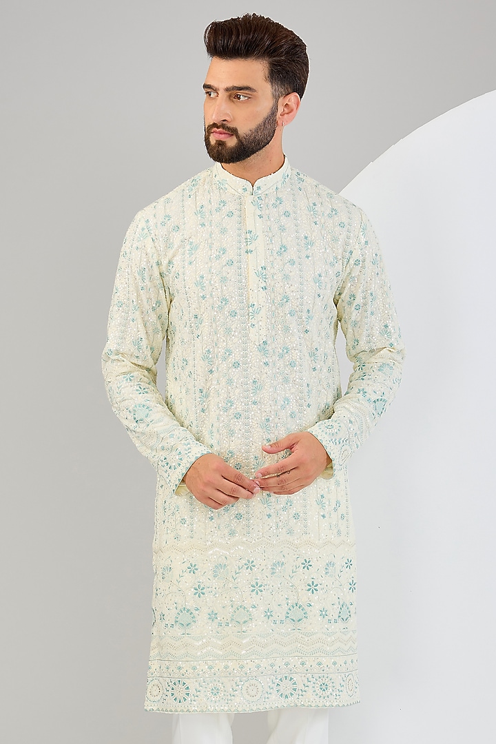 Cream Georgette Floral Embroidered Chikankari Kurta by Kasbah Clothing at Pernia's Pop Up Shop