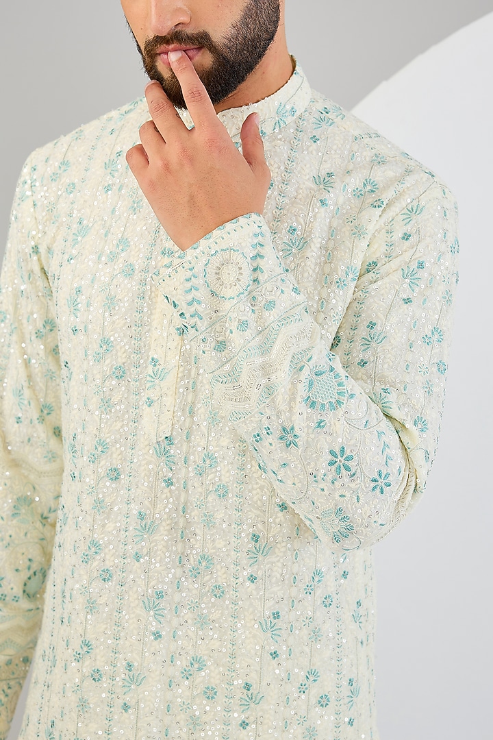 Cream Georgette Floral Embroidered Chikankari Kurta by Kasbah Clothing at Pernia's Pop Up Shop