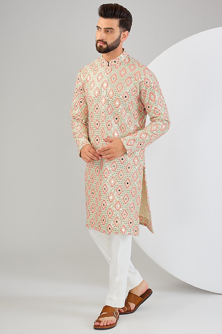 Multi-Colored Silk Thread & Mirror Work Kurta by Kasbah Clothing