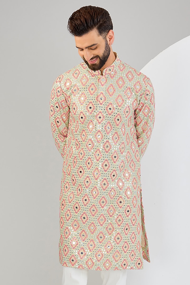 Multi-Colored Silk Thread & Mirror Work Kurta by Kasbah Clothing at Pernia's Pop Up Shop