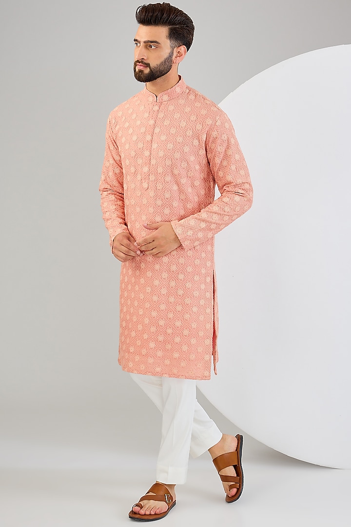 Onion Pink Silk Sequins & Threadwork Chikankari Kurta by Kasbah Clothing