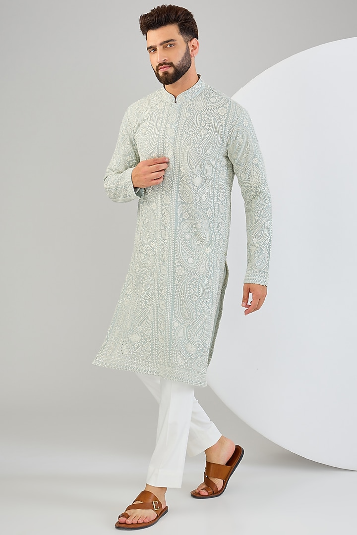 Ice Blue Georgette Paisley Embroidered Chikankari Kurta by Kasbah Clothing at Pernia's Pop Up Shop