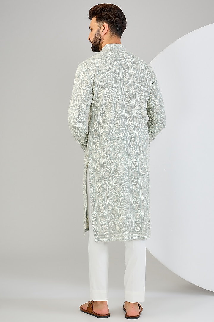 Ice Blue Georgette Paisley Embroidered Chikankari Kurta by Kasbah Clothing at Pernia's Pop Up Shop