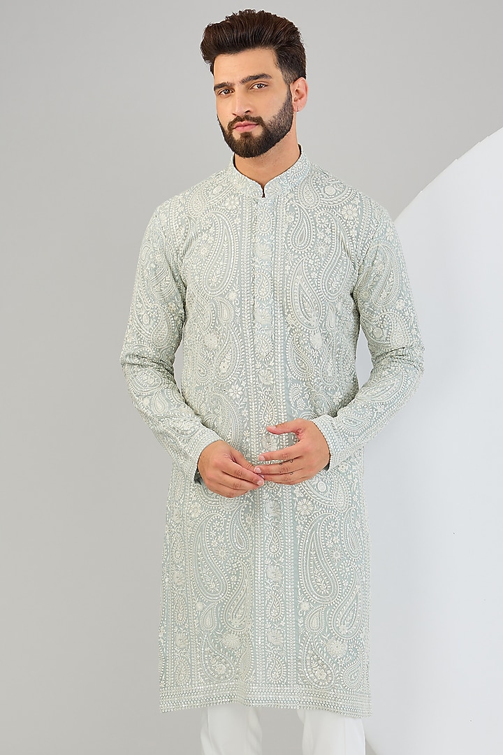 Ice Blue Georgette Paisley Embroidered Chikankari Kurta by Kasbah Clothing at Pernia's Pop Up Shop