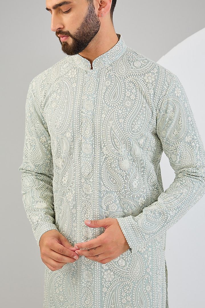 Ice Blue Georgette Paisley Embroidered Chikankari Kurta by Kasbah Clothing at Pernia's Pop Up Shop