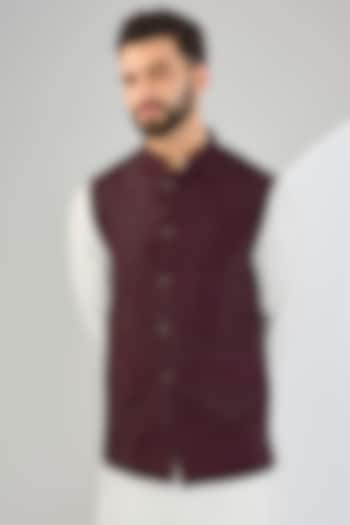 Maroon Silk Cutdana Embroidered Nehru Jacket by Kasbah Clothing