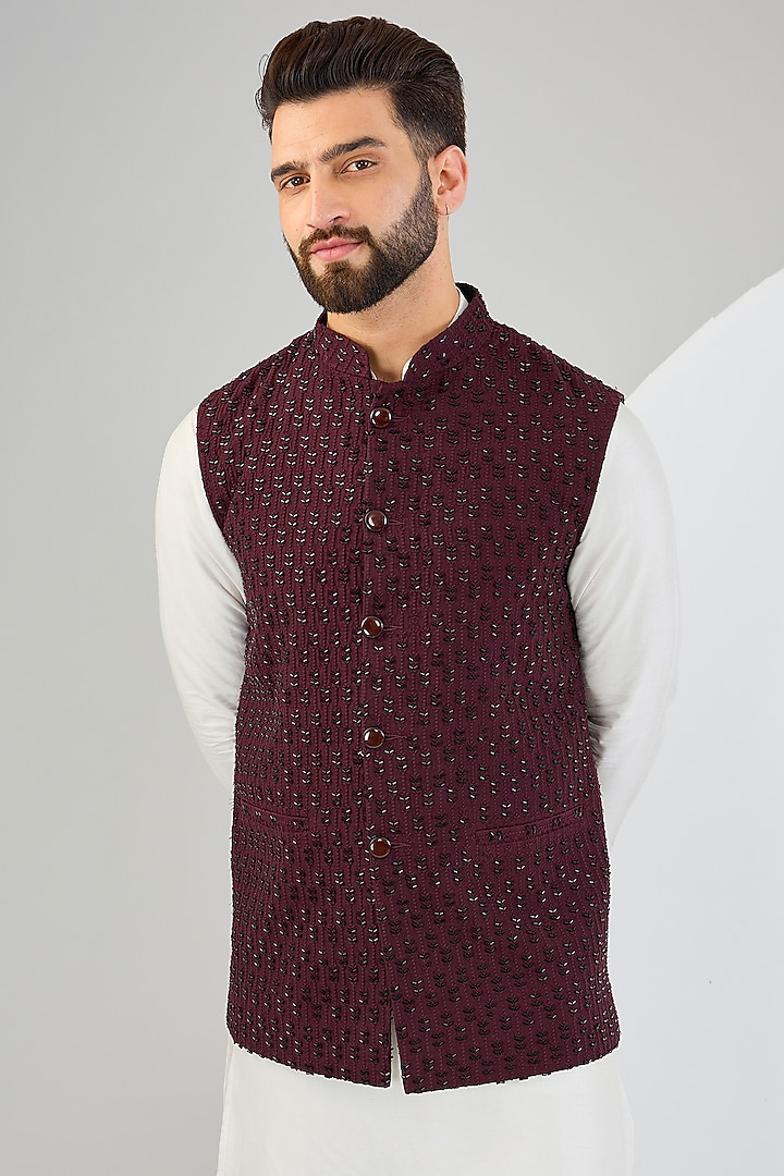 Maroon Silk Cutdana Embroidered Nehru Jacket by Kasbah Clothing