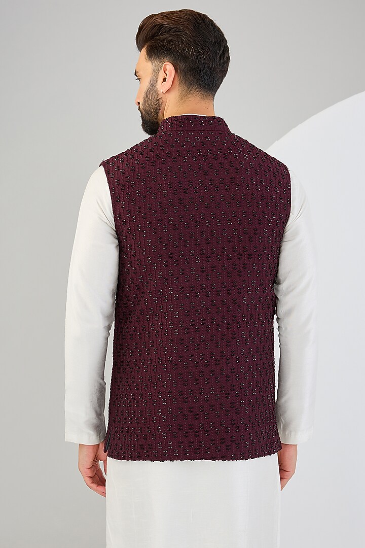 Maroon Silk Cutdana Embroidered Nehru Jacket by Kasbah Clothing at Pernia's Pop Up Shop