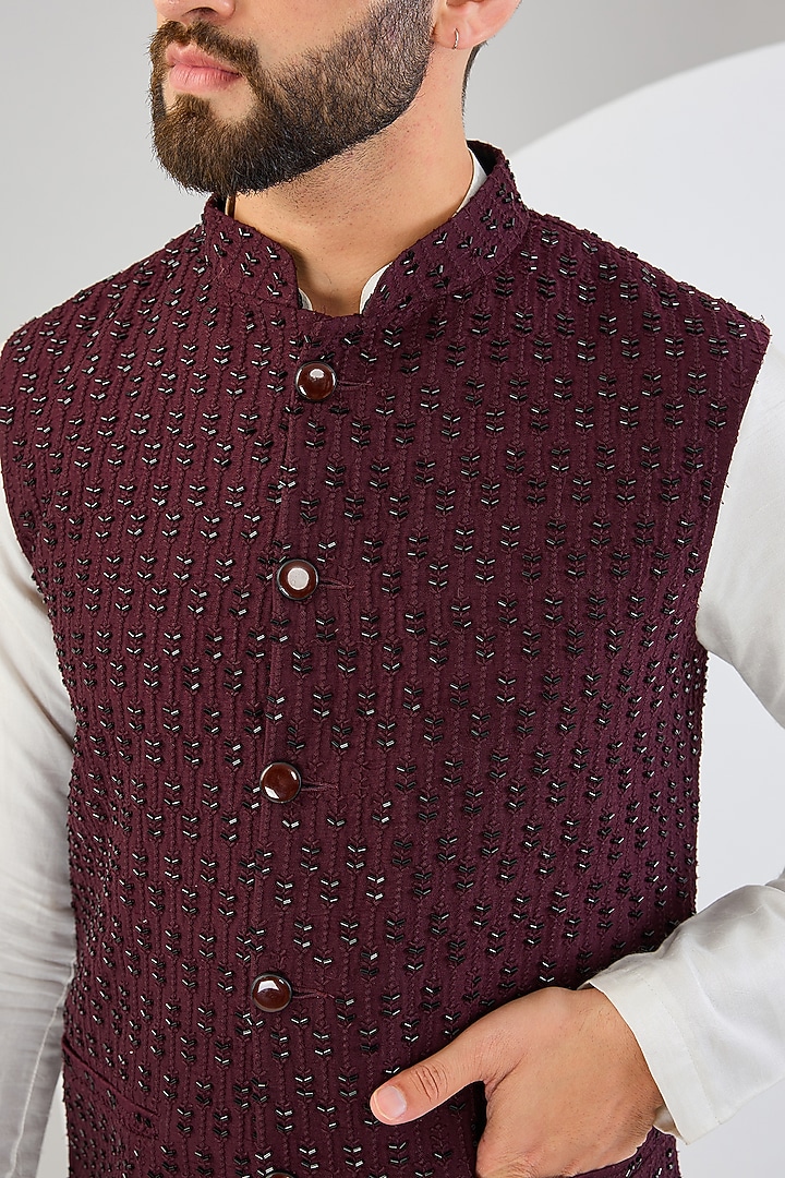 Maroon Silk Cutdana Embroidered Nehru Jacket by Kasbah Clothing at Pernia's Pop Up Shop