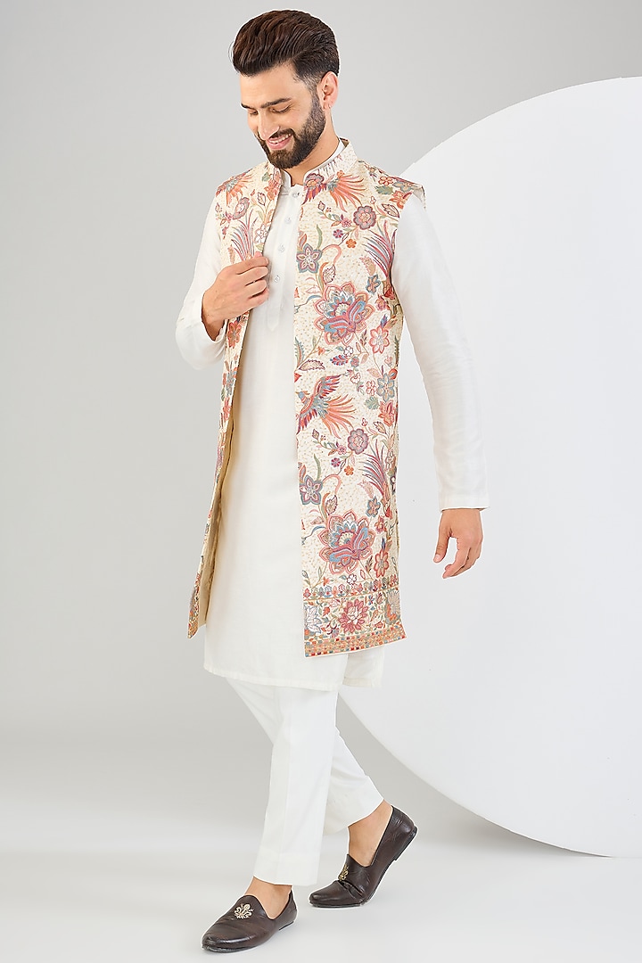 Beige Georgette Flora-Fauna Thread Work Indowestern by Kasbah Clothing