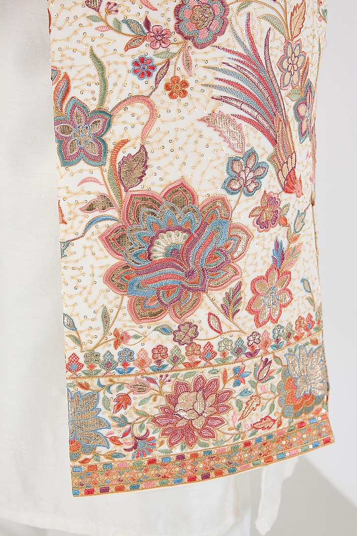 Beige Georgette Flora-Fauna Thread Work Indowestern by Kasbah Clothing at Pernia's Pop Up Shop