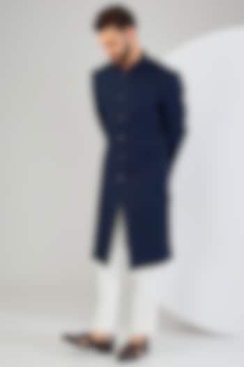 Navy Blue Silk Threadwork & Cutdana Embroidered Wedding Sherwani by Kasbah Clothing at Pernia's Pop Up Shop