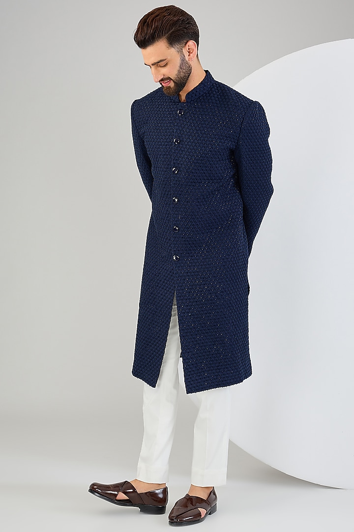 Navy Blue Silk Threadwork & Cutdana Embroidered Sherwani by Kasbah Clothing