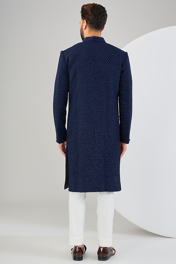 Navy Blue Silk Threadwork & Cutdana Embroidered Wedding Sherwani by Kasbah Clothing at Pernia's Pop Up Shop