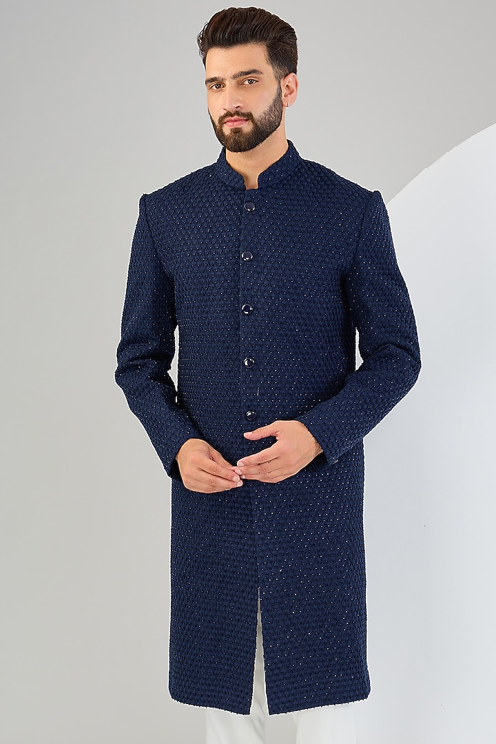 Navy Blue Silk Threadwork & Cutdana Embroidered Wedding Sherwani by Kasbah Clothing at Pernia's Pop Up Shop