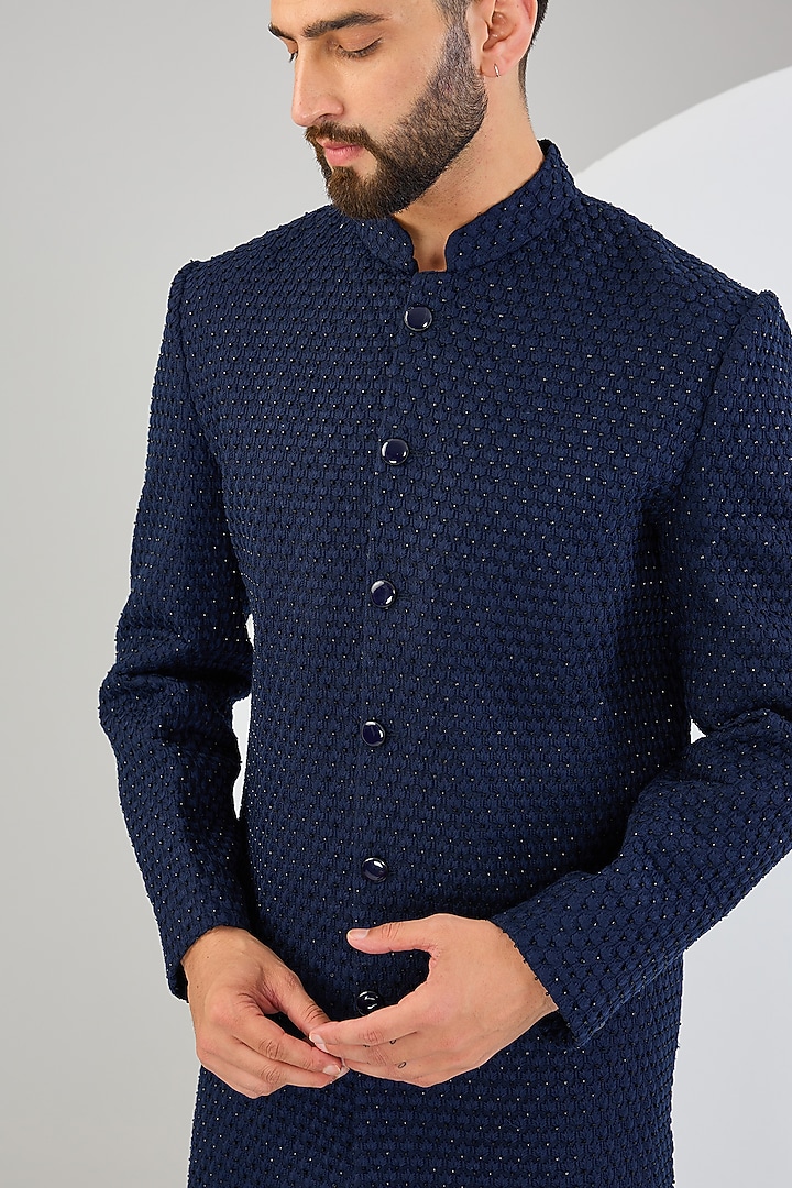 Navy Blue Silk Threadwork & Cutdana Embroidered Wedding Sherwani by Kasbah Clothing at Pernia's Pop Up Shop