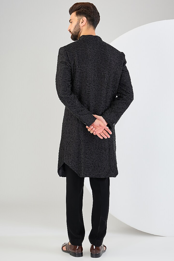 Black Silk Cutdana Embroidered Wedding Sherwani by Kasbah Clothing at Pernia's Pop Up Shop