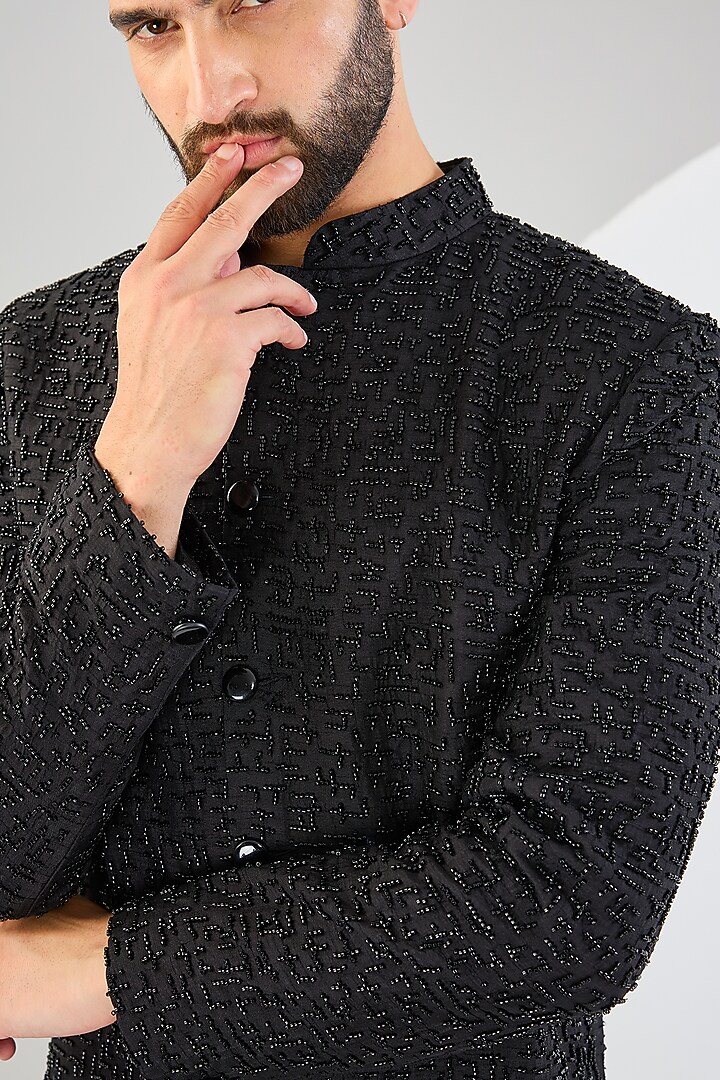 Black Silk Cutdana Embroidered Wedding Sherwani by Kasbah Clothing at Pernia's Pop Up Shop