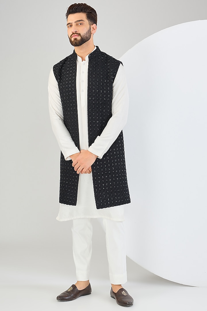 Black Silk Cutdana Embroidered Wedding Indowestern by Kasbah Clothing at Pernia's Pop Up Shop
