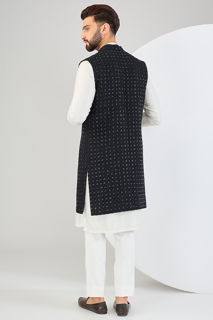 Black Silk Cutdana Embroidered Wedding Indowestern by Kasbah Clothing at Pernia's Pop Up Shop