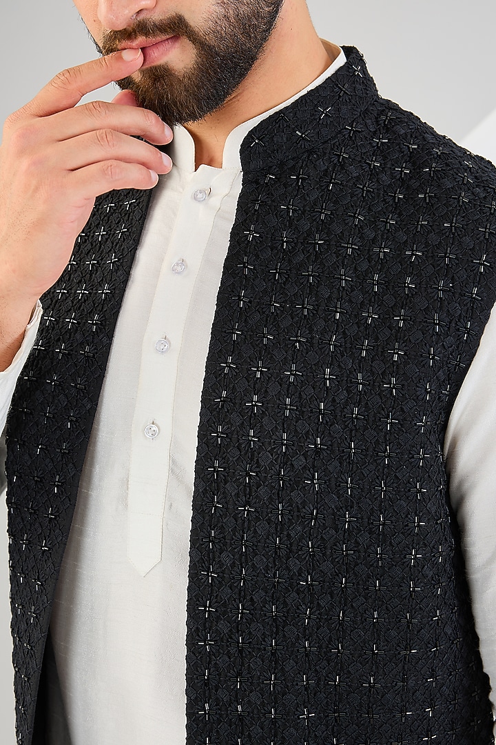 Black Silk Cutdana Embroidered Wedding Indowestern by Kasbah Clothing at Pernia's Pop Up Shop