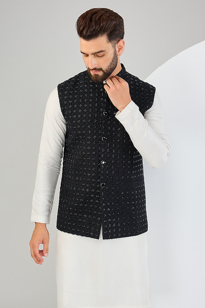 Black Silk Cutdana Embroidered Bundi Jacket by Kasbah Clothing