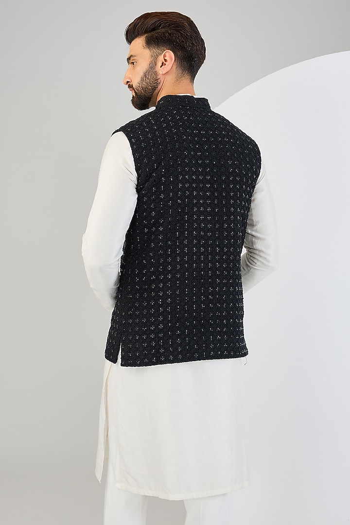 Black Silk Cutdana Embroidered Bundi Jacket by Kasbah Clothing at Pernia's Pop Up Shop