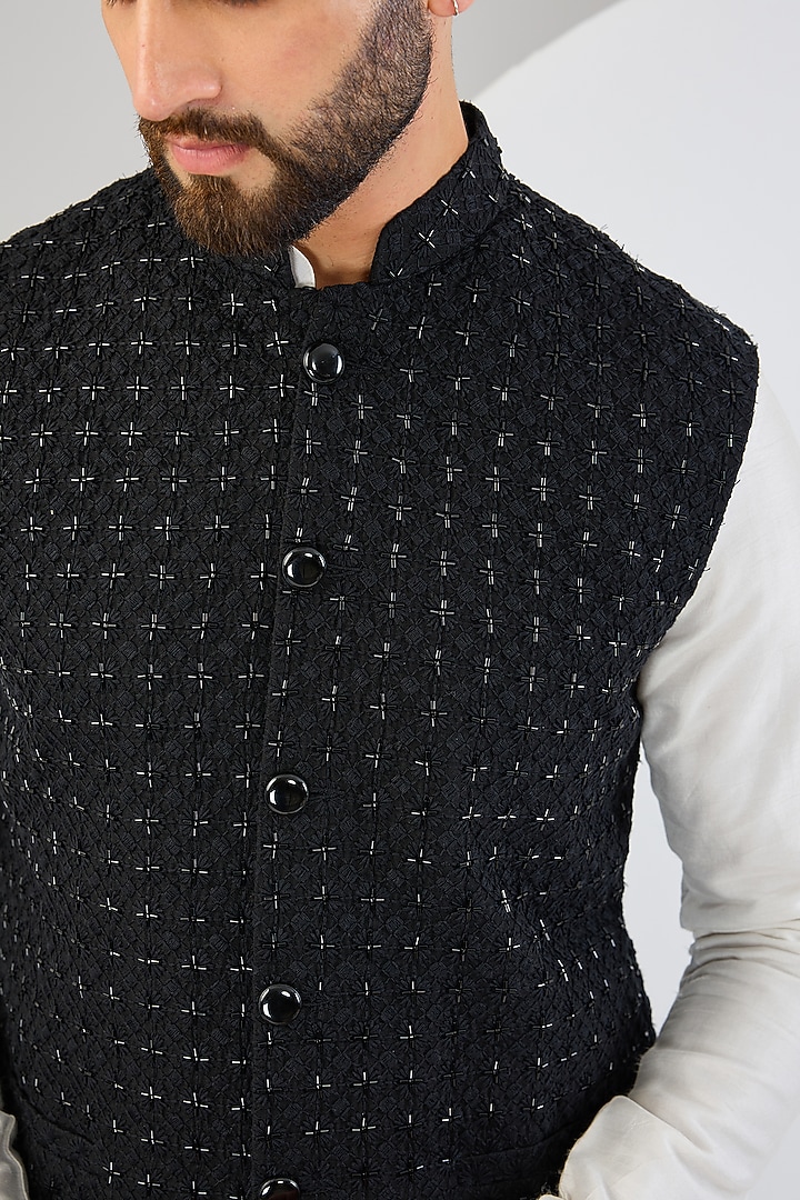 Black Silk Cutdana Embroidered Bundi Jacket by Kasbah Clothing at Pernia's Pop Up Shop