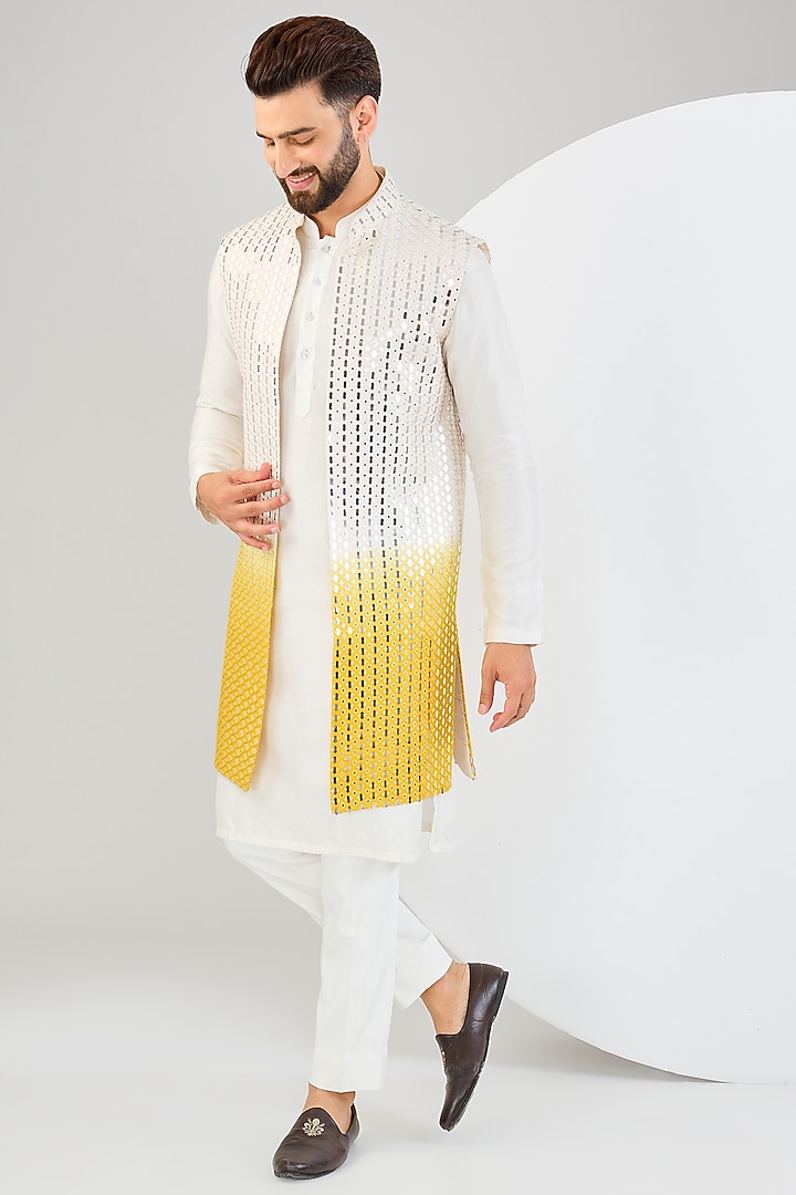 Cream & Yellow Ombre Silk Mirror Work Indo-Western Jacket by Kasbah Clothing at Pernia's Pop Up Shop