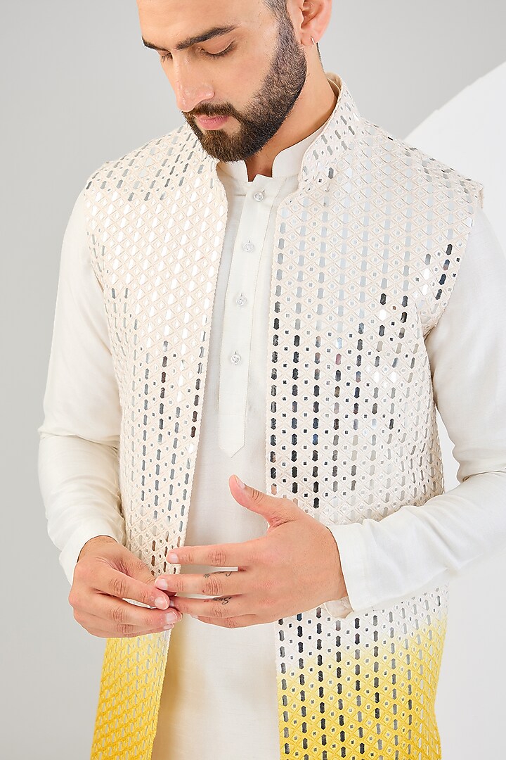 Cream & Yellow Ombre Silk Mirror Work Indo-Western Jacket by Kasbah Clothing at Pernia's Pop Up Shop