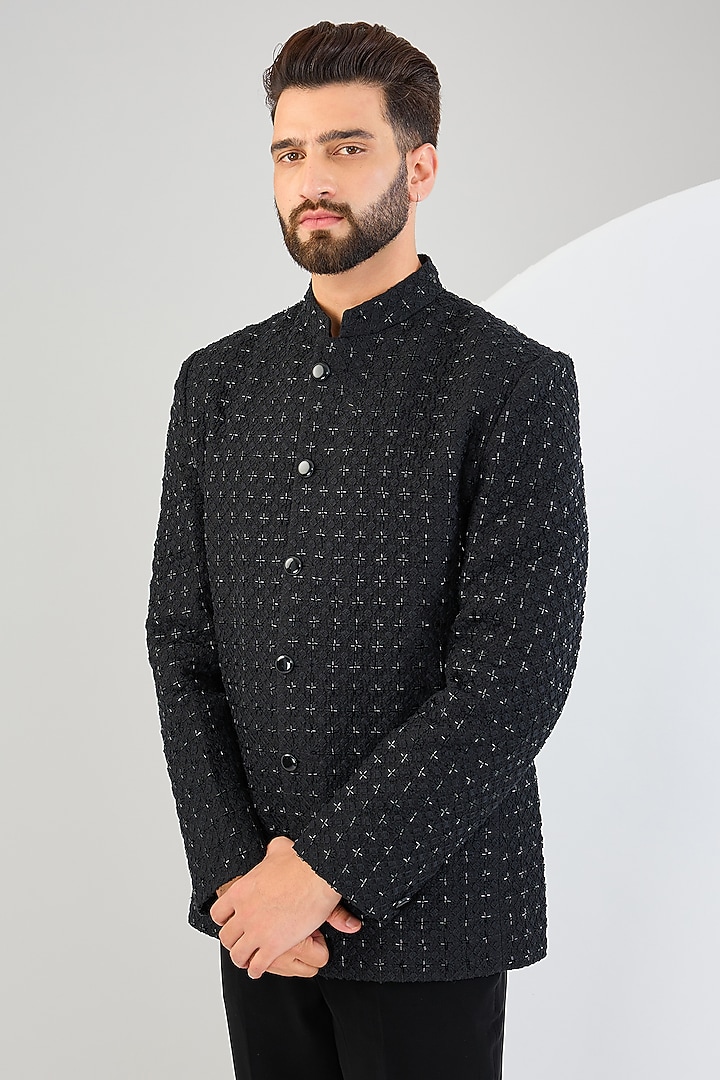 Black Silk Cutdana Embroidered Wedding Bandhgala Jacket by Kasbah Clothing at Pernia's Pop Up Shop