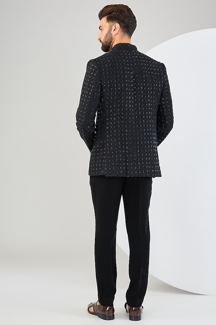 Black Silk Cutdana Embroidered Wedding Bandhgala Jacket by Kasbah Clothing at Pernia's Pop Up Shop