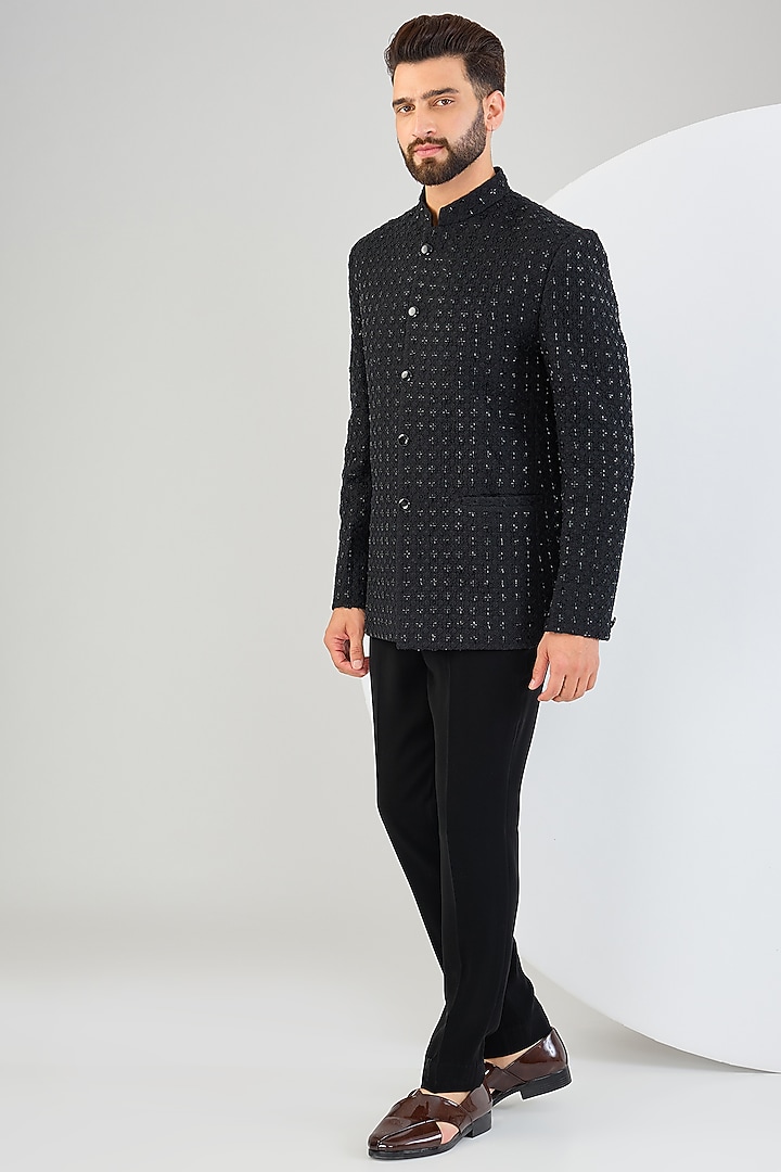 Black Silk Cutdana Embroidered Wedding Bandhgala Jacket by Kasbah Clothing at Pernia's Pop Up Shop