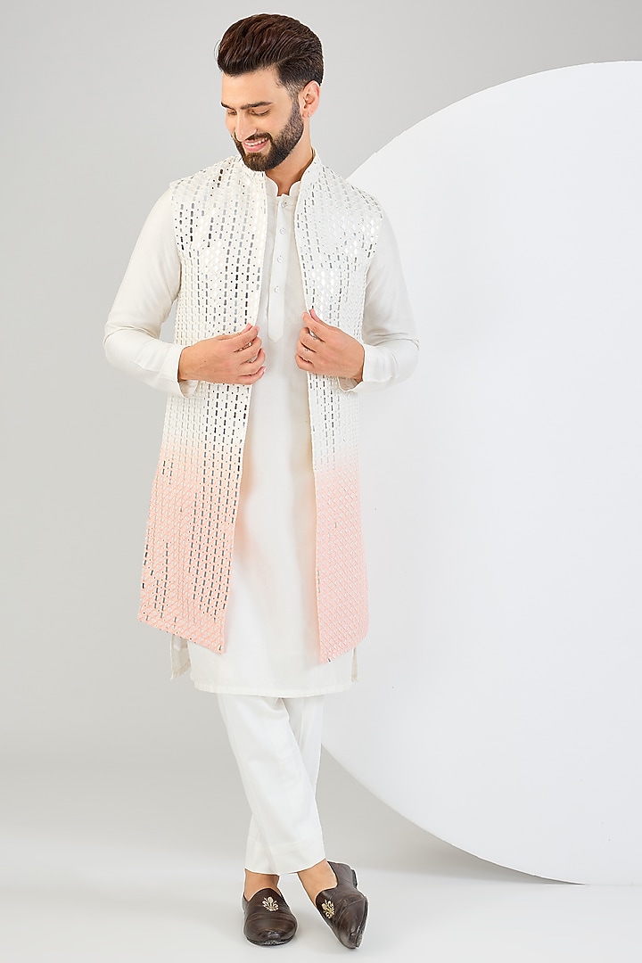Cream & Pink Ombre Silk Mirror Work Indo-Western Jacket by Kasbah Clothing at Pernia's Pop Up Shop