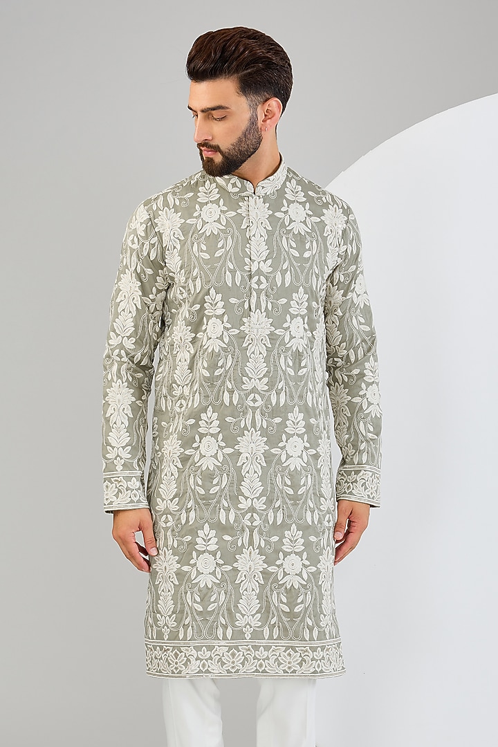 Sage Green Silk Sequins & Thread Embroidered Chikankari Kurta by Kasbah Clothing at Pernia's Pop Up Shop
