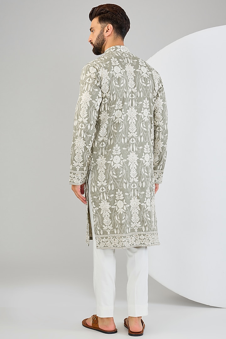 Sage Green Silk Sequins & Thread Embroidered Chikankari Kurta by Kasbah Clothing at Pernia's Pop Up Shop