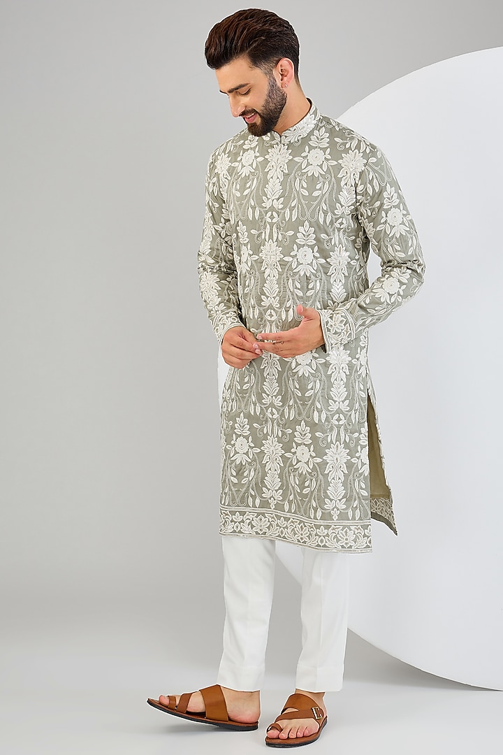 Sage Green Silk Sequins & Thread Embroidered Chikankari Kurta by Kasbah Clothing