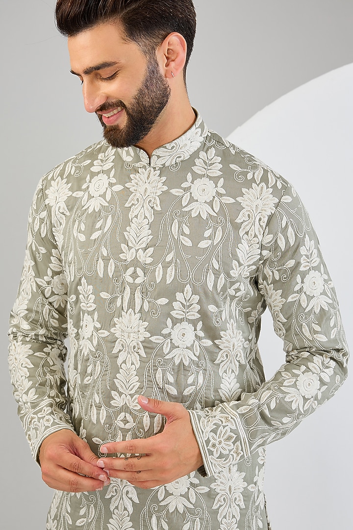Sage Green Silk Sequins & Thread Embroidered Chikankari Kurta by Kasbah Clothing at Pernia's Pop Up Shop